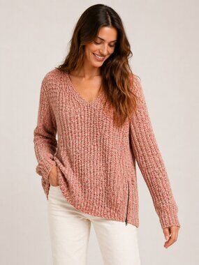 Anthro Moth Coral Chunky Knit Sweater Boho Cozy V Neck Side Zip Medium